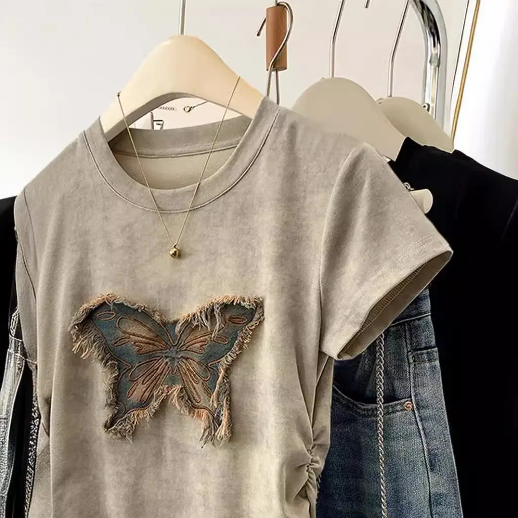

Women's Shoulder Short-Sleeved T-shirt Tie-Dyed Butterfly Pattern Slim-Fit Casual Trendy All-Match Summer New Design