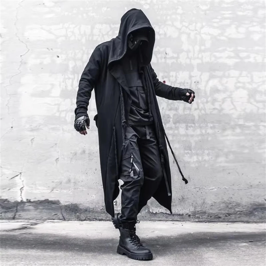 2025 Black Hooded Jackets Wizard Trench Coat Windbreaker Men Spring Long Hoody Jacket Punk Hip Hop Streetwear Mens Clothing