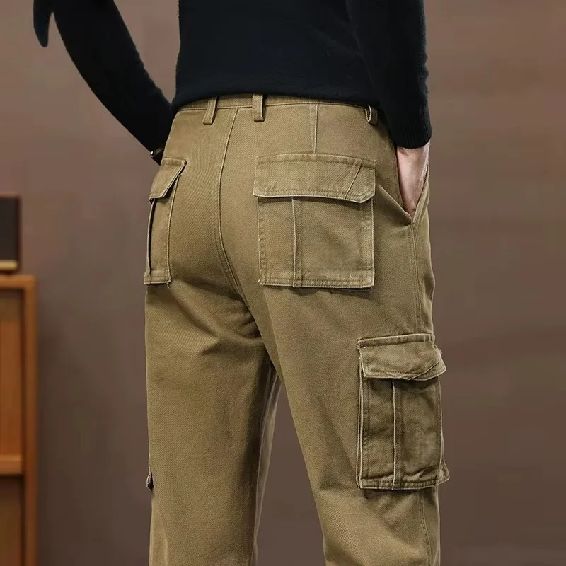 Pantalones Cargo de otoño e invierno para hombre, estilo militar, vaqueros con múltiples bolsillos, pantalones informales de corte recto, color verde caqui, talla 42/44