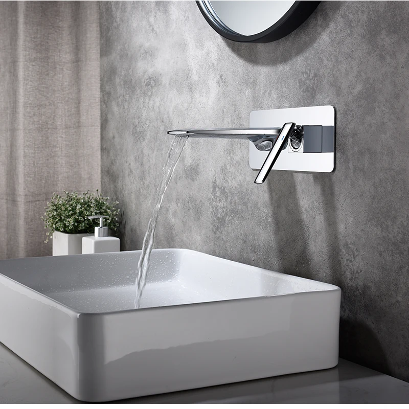 

Латунный длинный водопадный излив, смеситель для ванной комнаты, хромированный настенный смеситель для раковины, смеситель для горячей и холодной воды, керамический матовый смеситель для зала