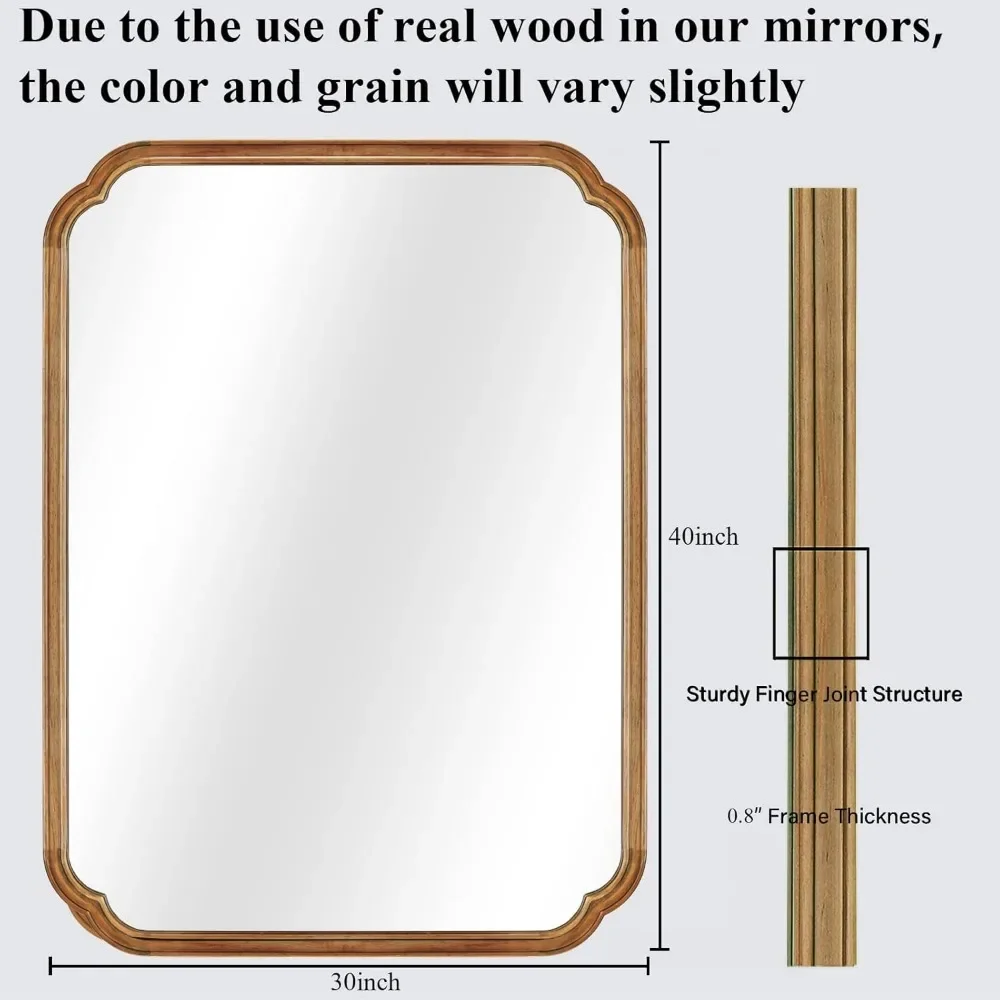 Espelho de parede em arco de canto arredondado de 30 "x 40" com moldura de madeira para entrada, sala de estar ou quarto decoração de casa - grão de madeira leve
