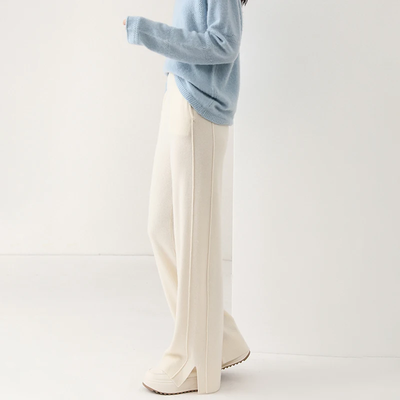 Women Wool Wide Leg Trousers Elastic Waist Side Slit Cashmere Pants Autumn Winter 100% Merino Wool Knitted Soft Warm Trousers
