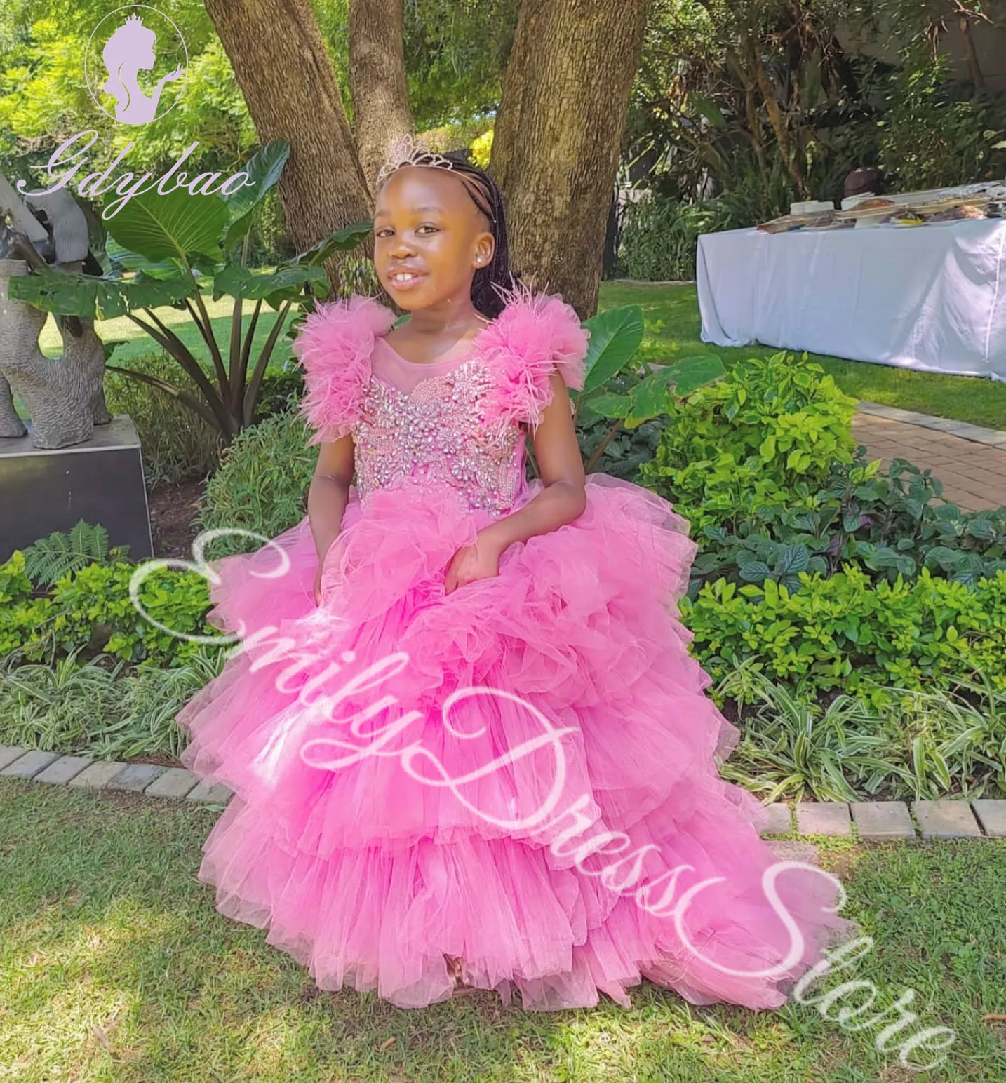 Pink Layered Flower Girl Dress For Wedding Tulle Beaded Lace Feather Pleated Kids Birthday First Communion Customized Ball Gown