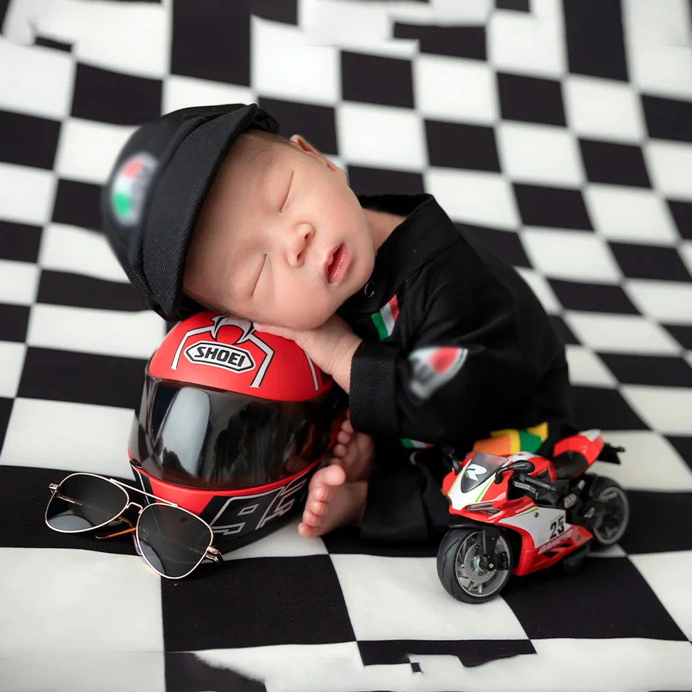 Baby Boy Pasgeboren Fotografie Outfits F1 Racing Thema Kostuum Caps Motorfiets Helm Cool Boy Studio Pasgeboren Fotografie Rekwisieten