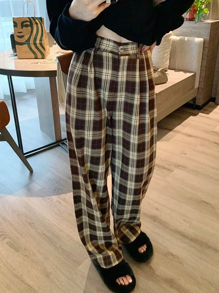 

HOUZHOU Vintage Brown Plaid Pants Women Oversize Harajuku Korean Fashion Wide Leg Checked Trousers For Female Button Up Casual