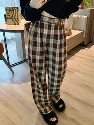 HOUZHOU Vintage Braun Plaid Hosen Frauen Oversize Harajuku Koreanische Mode Breit Bein Überprüft Hosen Für Weibliche Button Up Beiläufige