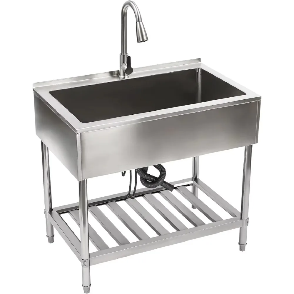 

Коммерческая раковина из нержавеющей стали, отдельно стоящая кухонная раковина с одной чашей, раковина для мытья рук с краном и стеллаж для хранения