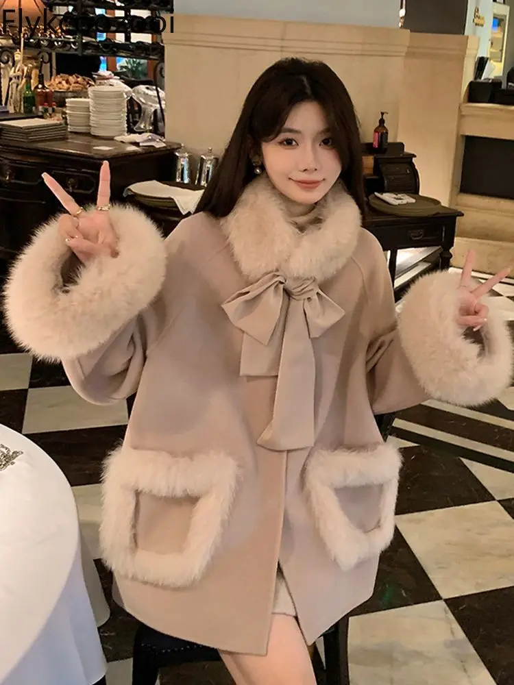 Bow 2024 Winter Fluffy Coat New Imitation Fox Fur Collar Fur Cloak Woolen Coat for Women Loose Fit Jackets Winter 2024