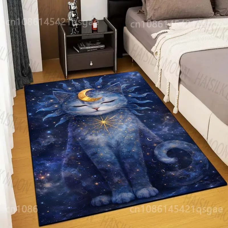 Verschiedene Größen, Fantasy-Katze im kosmischen Kunstdruck, Teppich für Wohnzimmer, Schlafzimmer, Sofa, Fußmatte, Heimdekoration, rutschfeste Bodenmatte