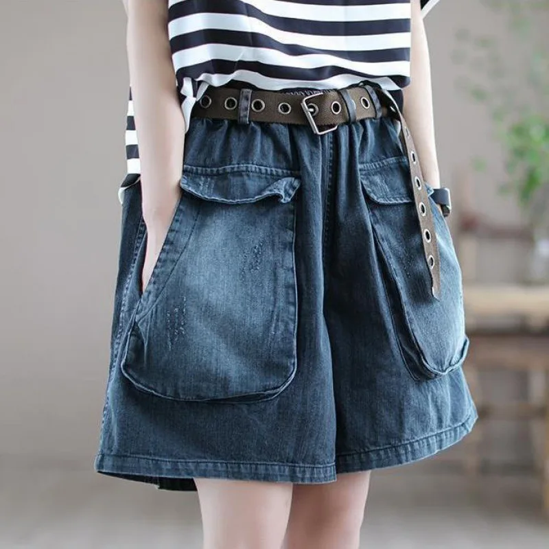 Women\'s Elastic Waist Sashes Solid Denim Shorts Summer New Korean Casual Fashion All-match Loose Pockets Wide Leg Trouser Skirts