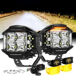 AUXBEAM V-MAX SERIES 4 inch 92W LED Work Light with Amber / Black Shell DRL Driving Lamp Spot + SIDE SHOOTER LED Pod Light