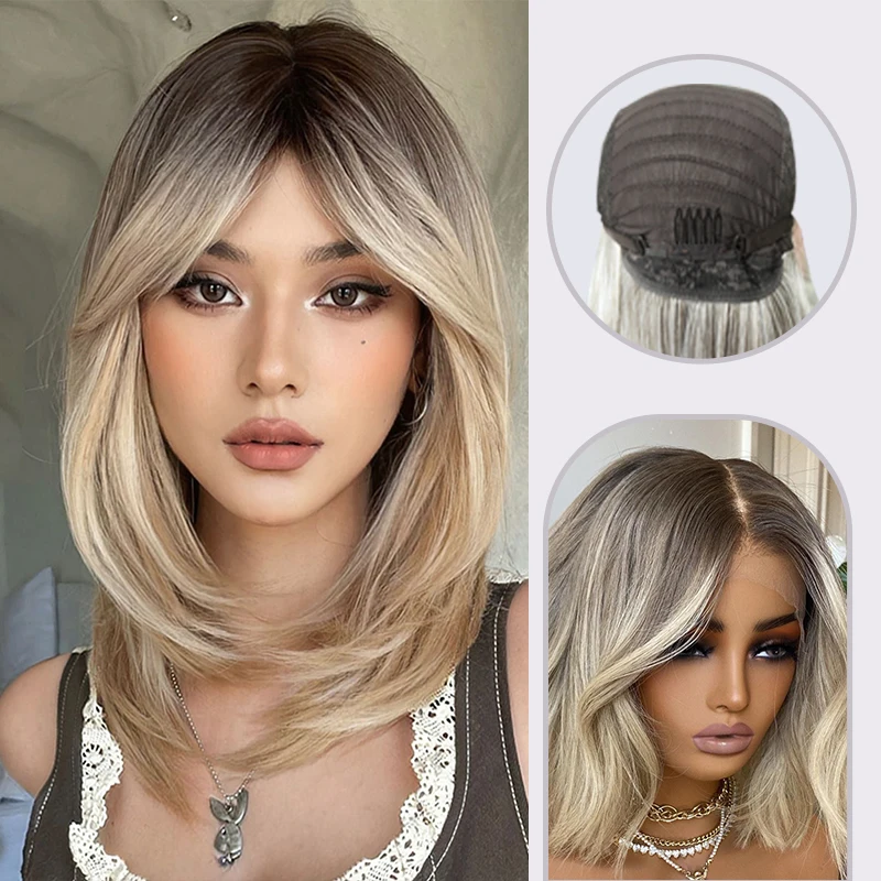 

Blonde Straight Bob Synthetic Wig Hair With Bang Brazilian Hair Short Bob Wig For Woman Full Machine Made