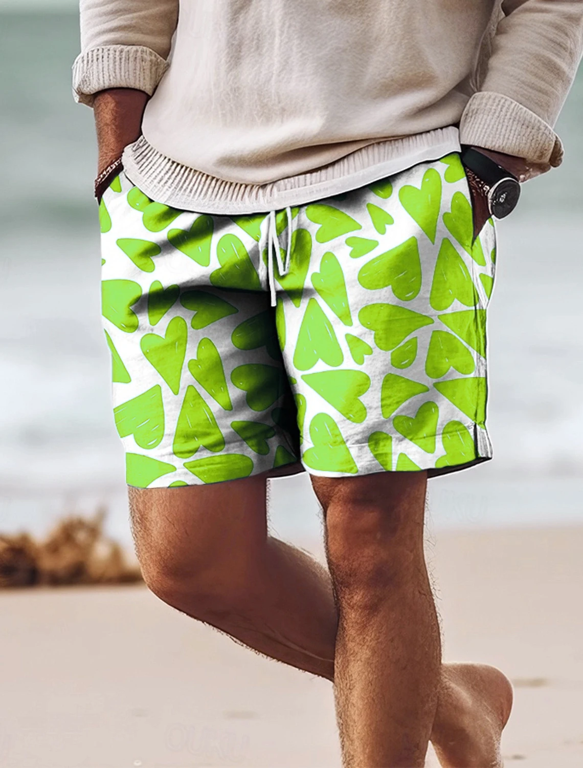 하트 프린트 남성용 보드 반바지 하와이 휴가 드로우 스트링 수영 서핑 반바지 여름 패션 비치 반바지 통기성 짧은 바지