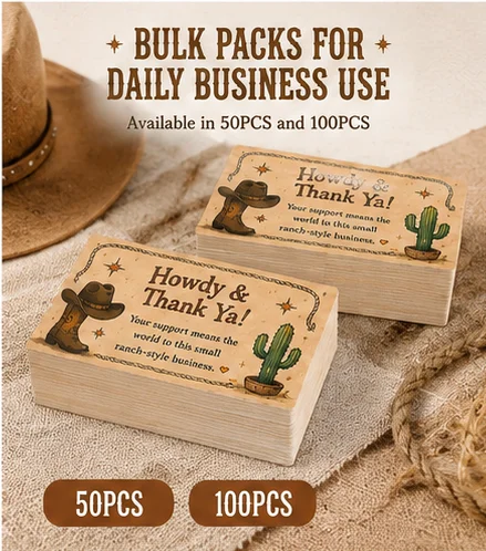 Cowboy thank-you cards wholesale 50/100 - Western ranch packaging small-sized inner pages - suitable for small items