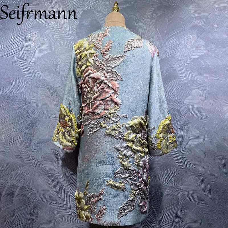 Seifrmann 2026 Summer Women's clothing New Fashionable Round Neck Long Sleeve Nail Bead Jacquard Long Coat