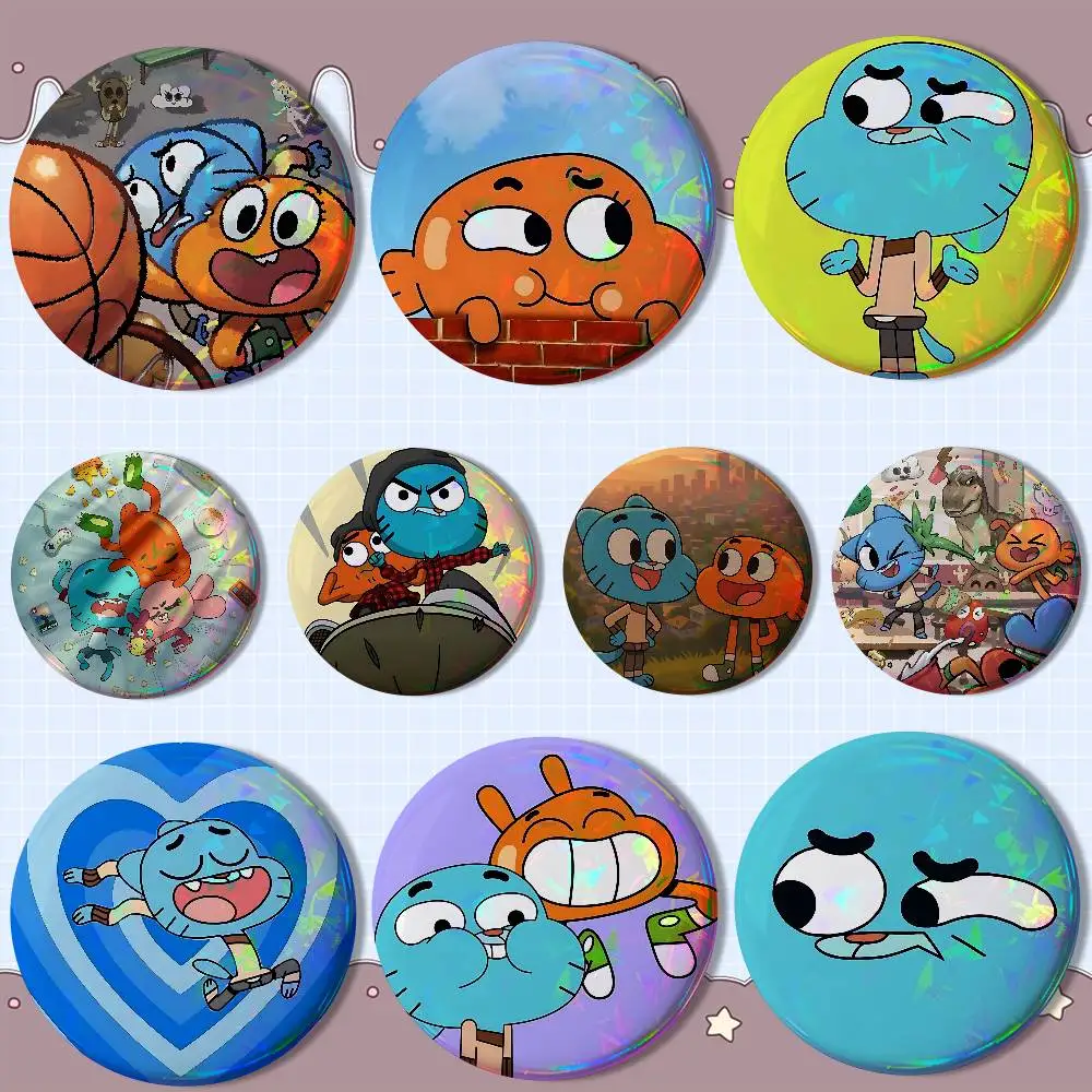

T-The Amazing World of Gumball Reflective Pin Tinplate Round Brooch Cartoon Cosplay Badges for Bag Hat Toys Gifts