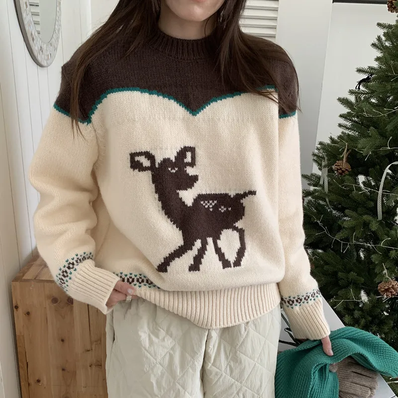 Suéter de punto Cisas Chic para mujer, suelto, largo, redondo, Color Ne, patrón de ciervo, suave y acogedor, Cisas Aosphere