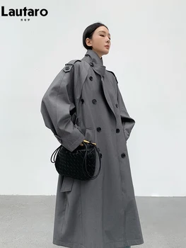 Lautaro Spring Autumn Oversized Khaki Long Grey Trench Coat for Women Double Breasted Loose Casual Korean Fashion Overcoat 2024 3 Lautaro Spring Autumn Oversized Khaki Long Grey Trench Coat for Women Double Breasted Loose Casual Korean Fashion Overcoat 2024 3