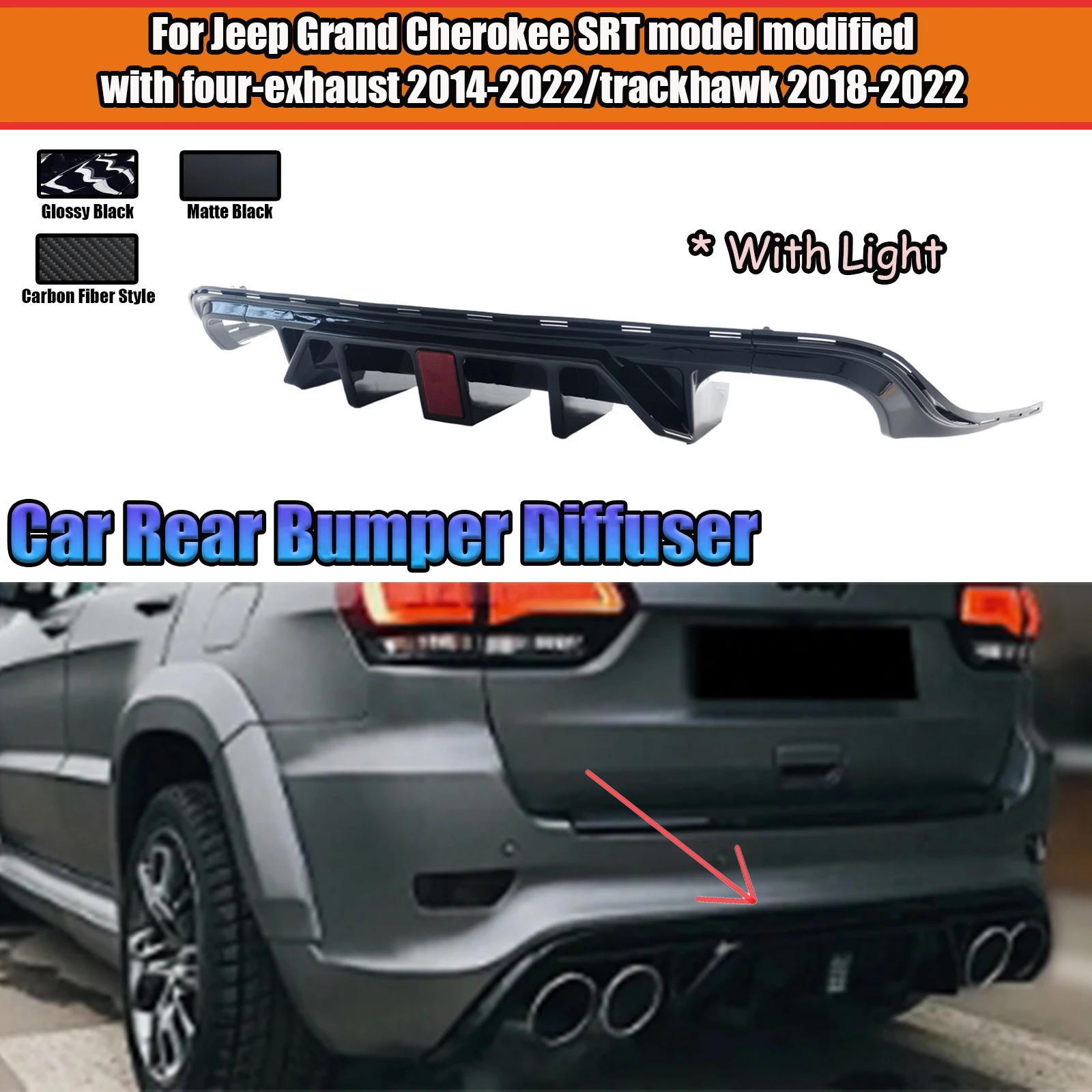 For Jeep Grand Cherokee SRT Model Modified With Four-Exhaust 2014-2022/Trackhawk 2018-2022 Rear Bumper Diffuser With LED 3PCS