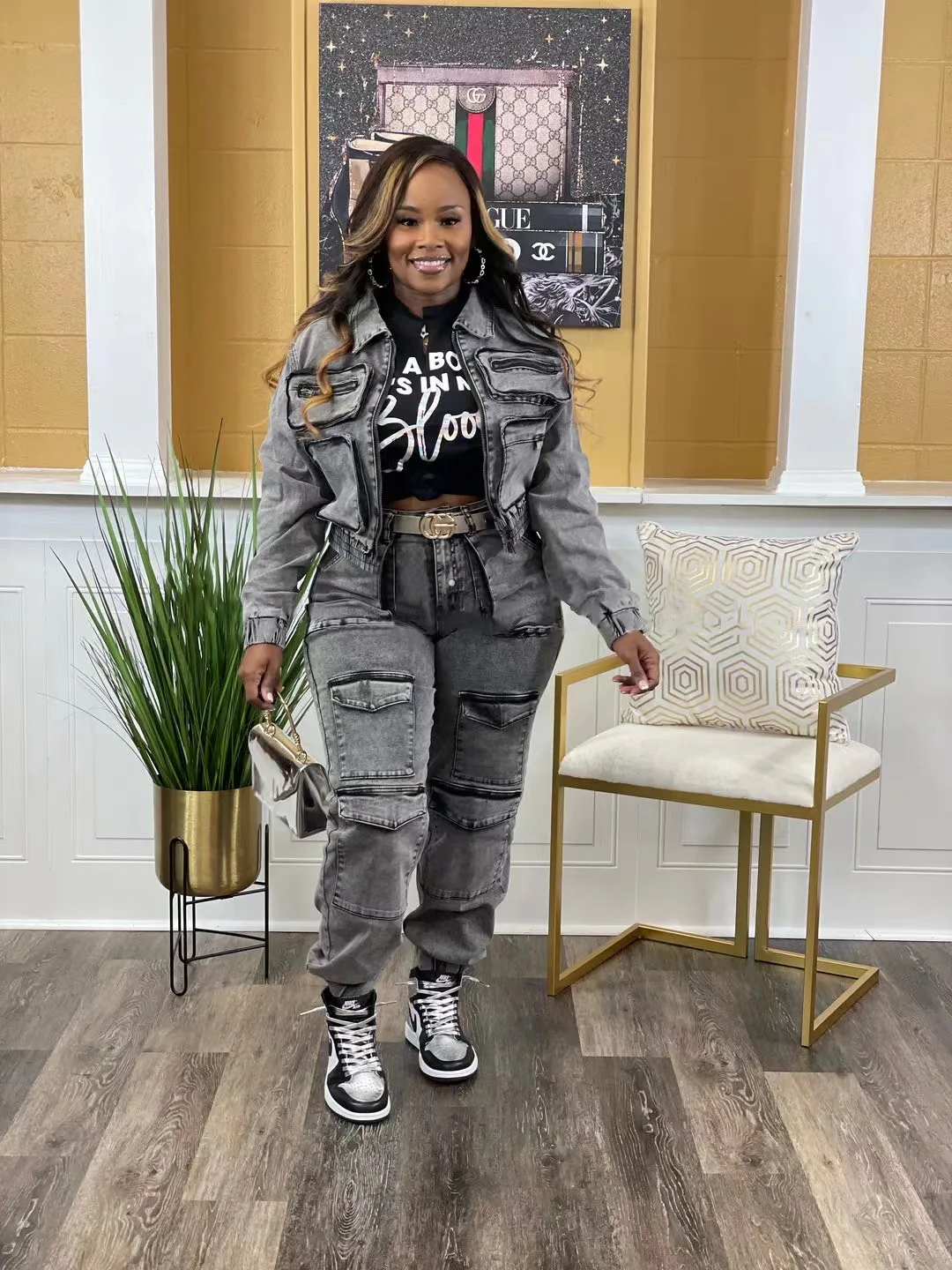 

Women's Two 2 Piece Denim Outfit Long Sleeve Turn Down Collar Pocket Jacket and Pocket Cargo Jeans Pants 2024 Fashion Tracksuit
