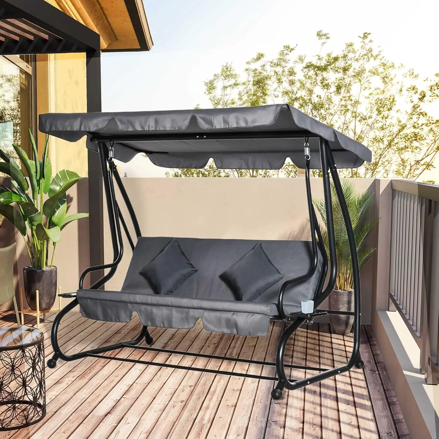 Outsunny 3-Seat Outdoor Patio Swing Chair, Converting Flatbed, Outdoor Swing Glider with Adjustable Canopy, Removable Cushion an