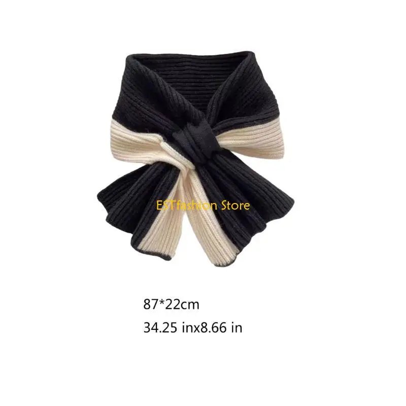 Y5GC وشاح نسائي أنيق منسوج بتصميم متقاطع دافئ بلون سادة منديل للرقبة لأيام الخريف والشتاء للارتداء اليومي #6