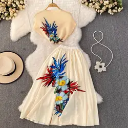 Miyake Pleated Suit for Women 2023 Summer Fashion Floral Printing Short Sleeve High Neck Top + High Waist Skirt Two-Piece Set