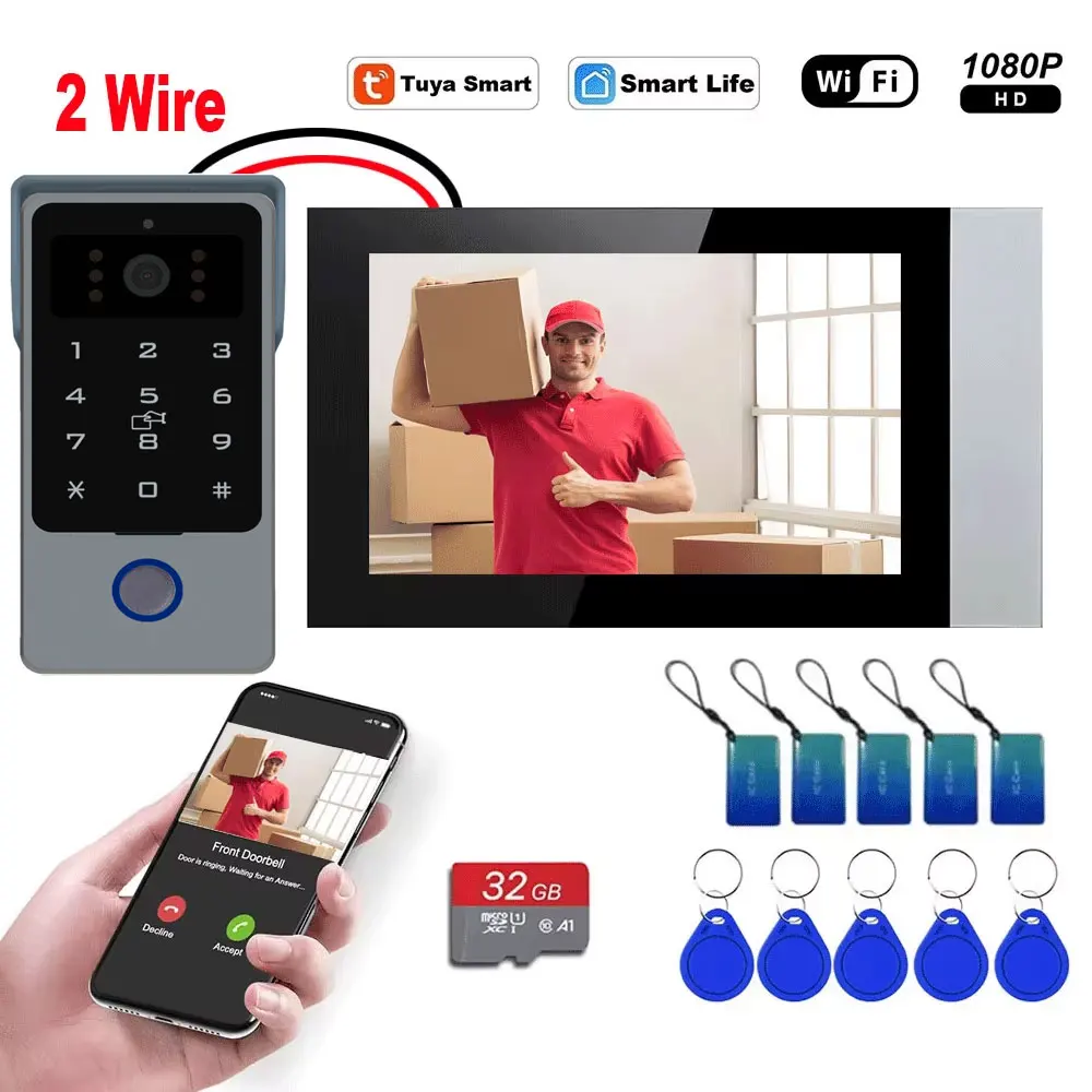 2-Wires Video Intercom System,7 Inch 1080P WiFi Touch Screen,32G Card,Code Password Tuya App IC Card Unlock for Home Apartment