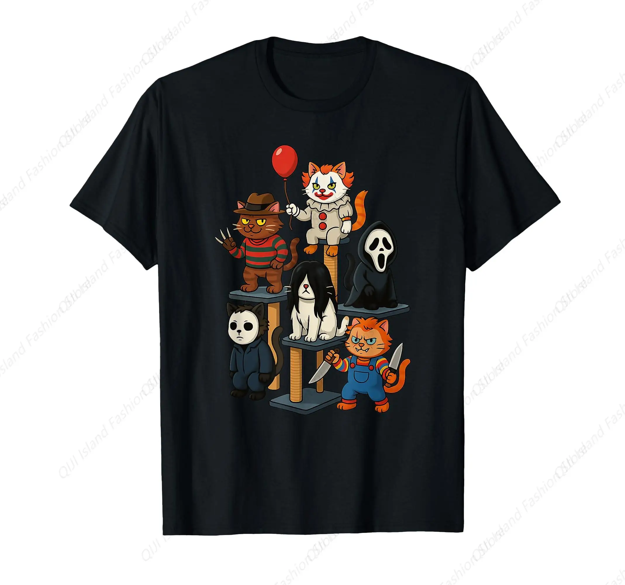 

Creepy Cat Stack Funny Tower Cat Horror Movies Halloween T-Shirt