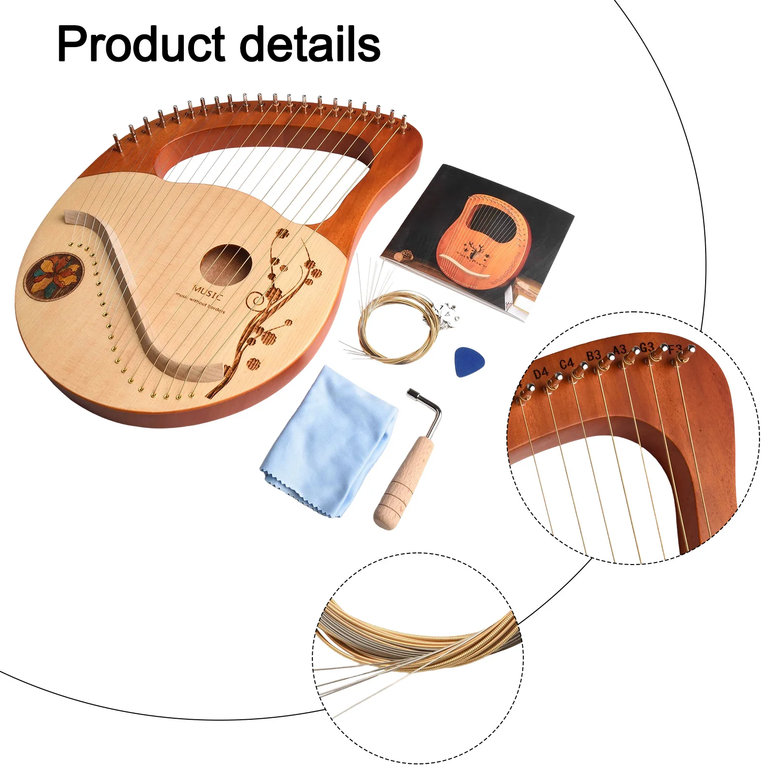 

39*29*3cm Lyre Lyre Music Instrument Deer Lotus Outer Space Rose Lyre Harp Mahogany Music Instrument Tuning Wrench