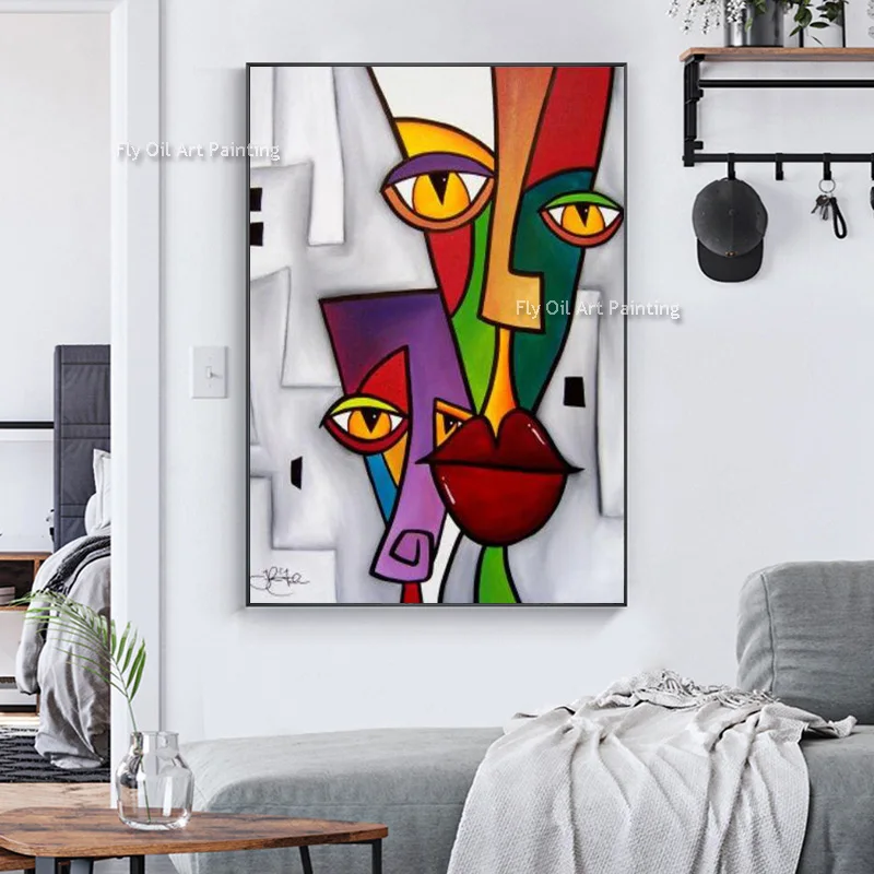 Colorful Cubist Face Thick Oil Painting On Canvas, Modern Impasto Artwork Handpainted Vertical Wall Decor