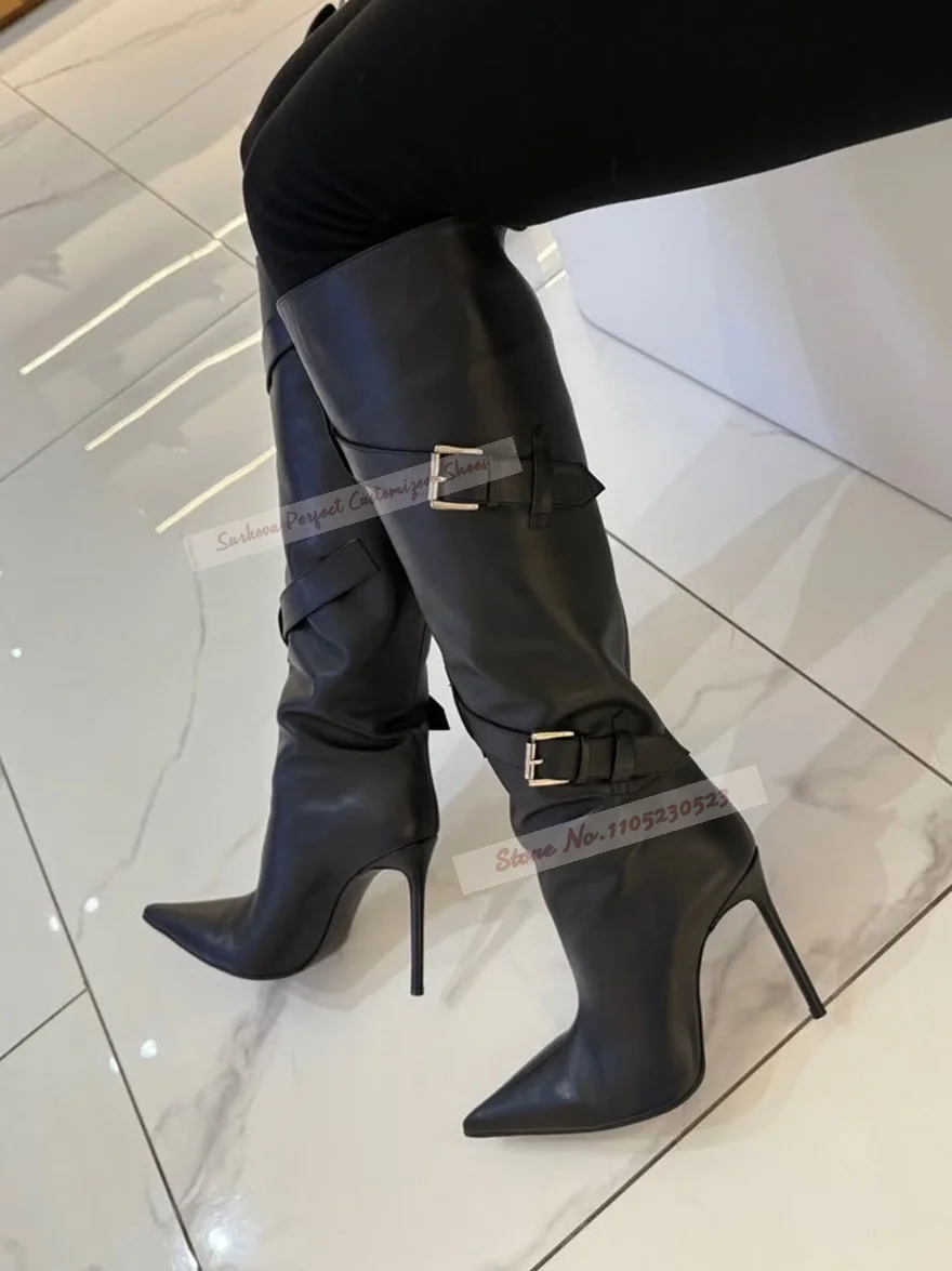 

Black Matte Leather Stiletto Heels Knee High Boots Pointed Toe Belt Buckle Straps Tall Boots Elegant Autumn Winter Dress Shoes