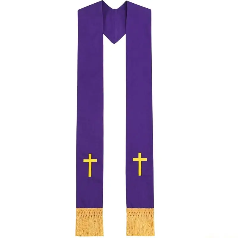 31BF Minister Stole Embroidery Crossed Fringed Shawl Scarf for Church Religious Event