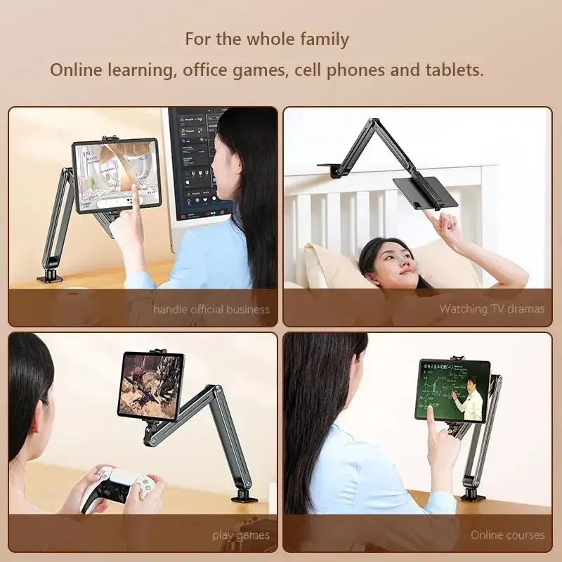 Soporte perezoso de aleación de aluminio, soporte giratorio multifuncional para teléfono móvil y tableta con doble abrazadera, adecuado para IPad y IPhone