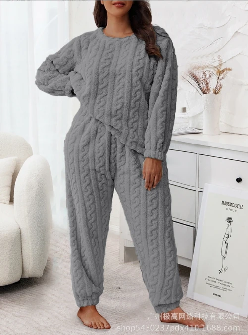 

Elegant Two Piece Set for Woman Comfortable 2024 Winter Latest Plush Round Neck Long Sleeve Pants Loose Two Piece Home Pants Set