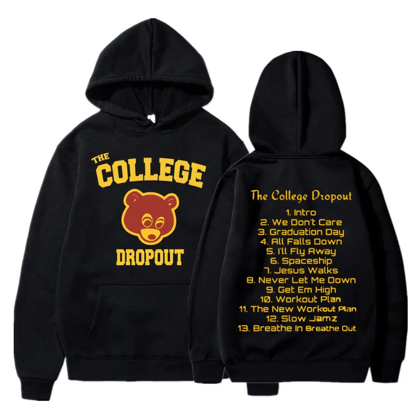 Rapper Kanye West Hoodie Music Album College Dropout Print Hooded Men Women Hip Hop Vintage Oversized Male Sweatshirt Streetwear