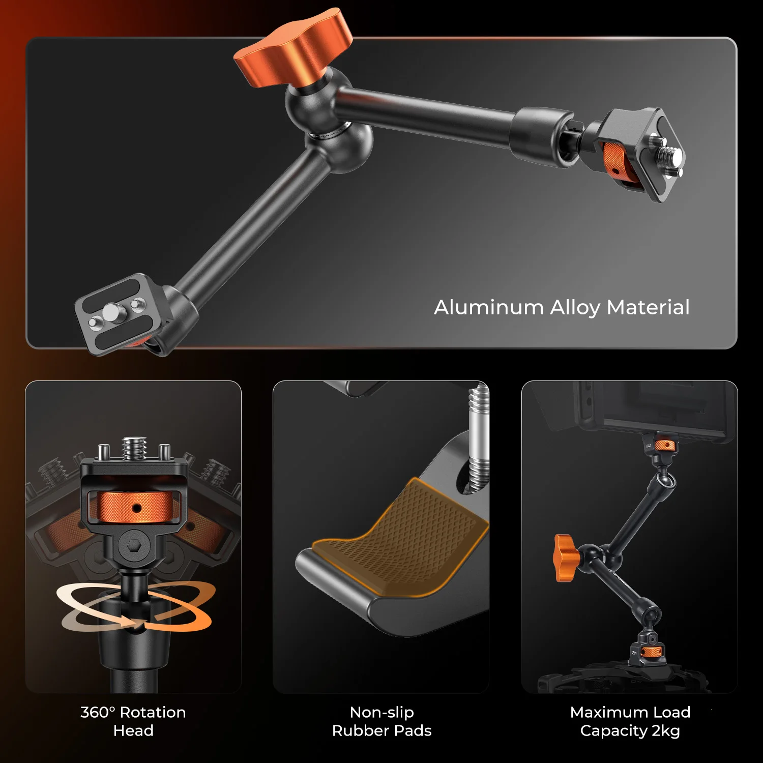 K&F CONCEPT Magic Arm Clamp z Super Clampem, gwint ARRI 1/4" 3/8", śruba, obrót 360 stopni °   Głowica kulowa z mocowaniem na zimną stopkę i zaciskiem 11 cali MS33 — zdjęcie produktu 3