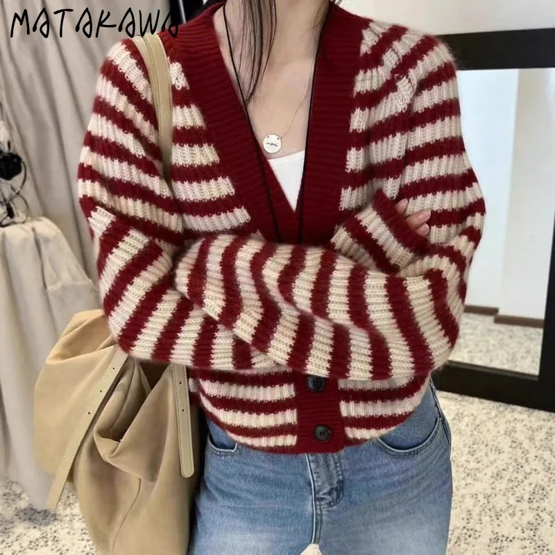 

Matakawa Short Cardigans Stripes Autumn Winter Preppy Style Autumn Winter Woman Sweaters Korean Fashion Retro Sueter Mujer
