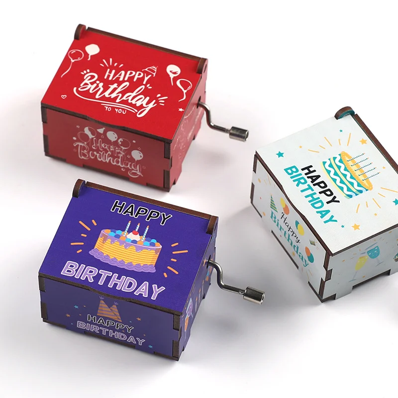 Hot Selling Birthday Series Art Six Sided Painted Hand Cranked Music Box Birthday Gift for Friends Home Decor