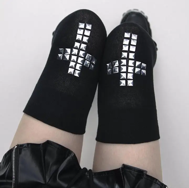 Y2K Subculture Gothic Style Cross Over Knee Socks Punk Style Rivet Hot Drill Street Fashion Stockings Summer Women's Socks