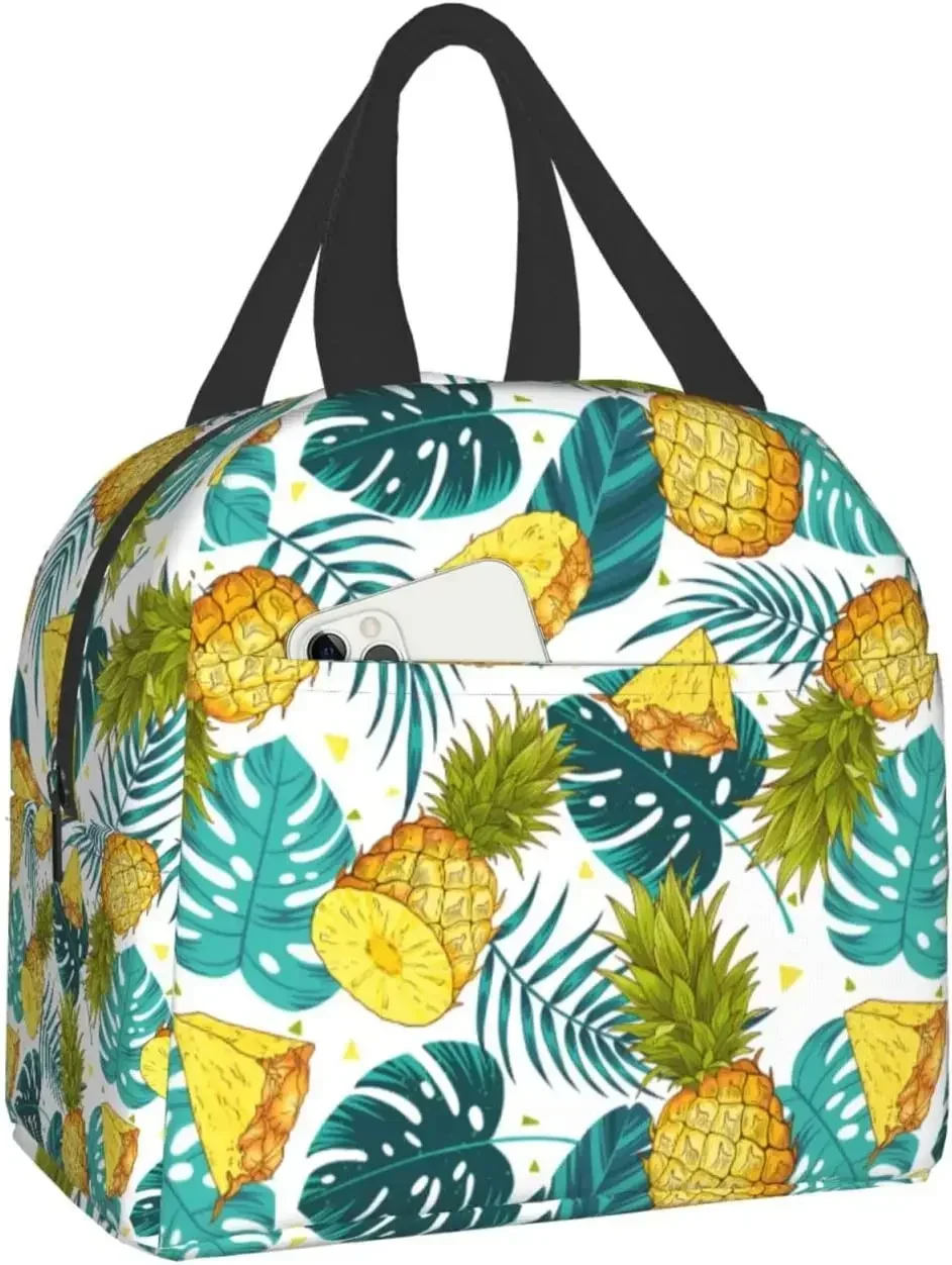 Pineapples Insulated Lunch Bag with Front Pocket Reusable Cooler Tote Bag with Zipper Use for Camping Hiking Picnic Beach Travel