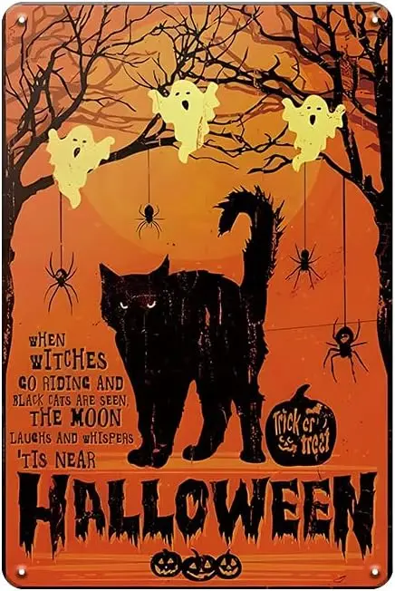 Vintage Horror Funny Halloween Black Cat Metal Sign for Outdoor&Indoor Decor for Halloween,Orange BOO Witchy Grunge Hallowe sign