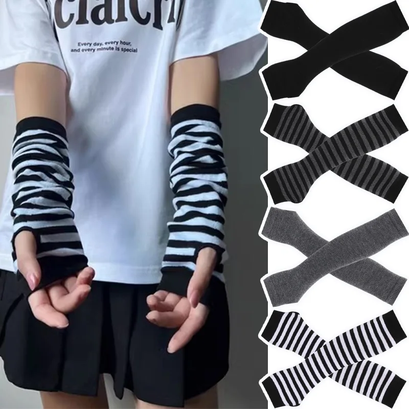 Осенние новые мягкие полосатые вязаные длинные перчатки в стиле Харадзюку, теплые без пальцев для женщин и мужчин, винтажные Y2K, панк, готический, теплый чехол на руку Осенние новые мягкие полосатые вязаные длинные перчатки в стиле Харадзюку, теплые без пальцев для женщин и мужчин, винтажные Y2K, панк, готический, теплый чехол на руку