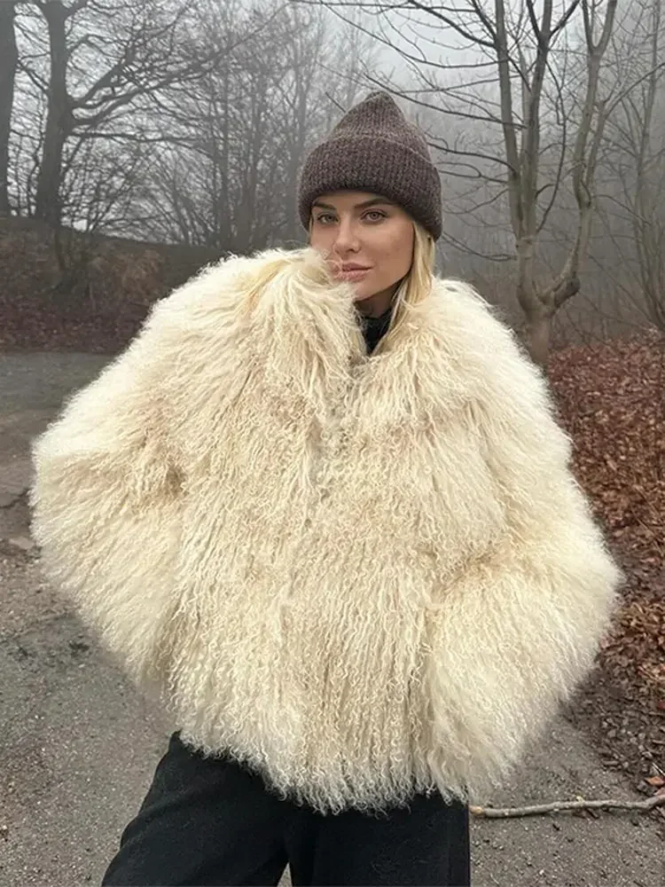 2024 Winter New Solid Fluffy Faux Fur Coat Women's Fashion Luxury Lapel Collar Long Sleeve Jacket Female Street Warm Overcoats