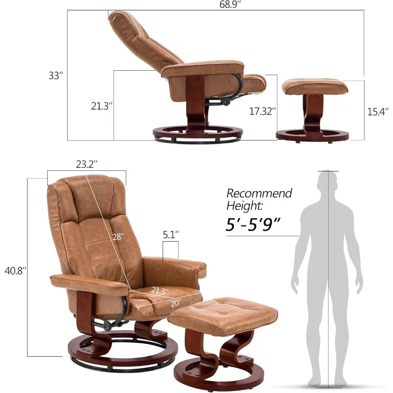 Manual Swivel Recliner with Ottoman, Infinite-Position, Faux Leather Ergonomic Lounge Chair for Small Spaces, Living Room