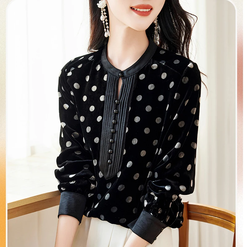 

Long Sleeve 100% Silk Velvet Dot Print Blouse Women's Vintage Shirt Spring Autumn Elegant Shirts Blouses for Women