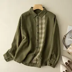 Women Vintage Fashion Plaid Patchwork Button Up Shirts Simple Casual Lapel Cotton Linen Blouses Spring Long Sleeve Loose Tops