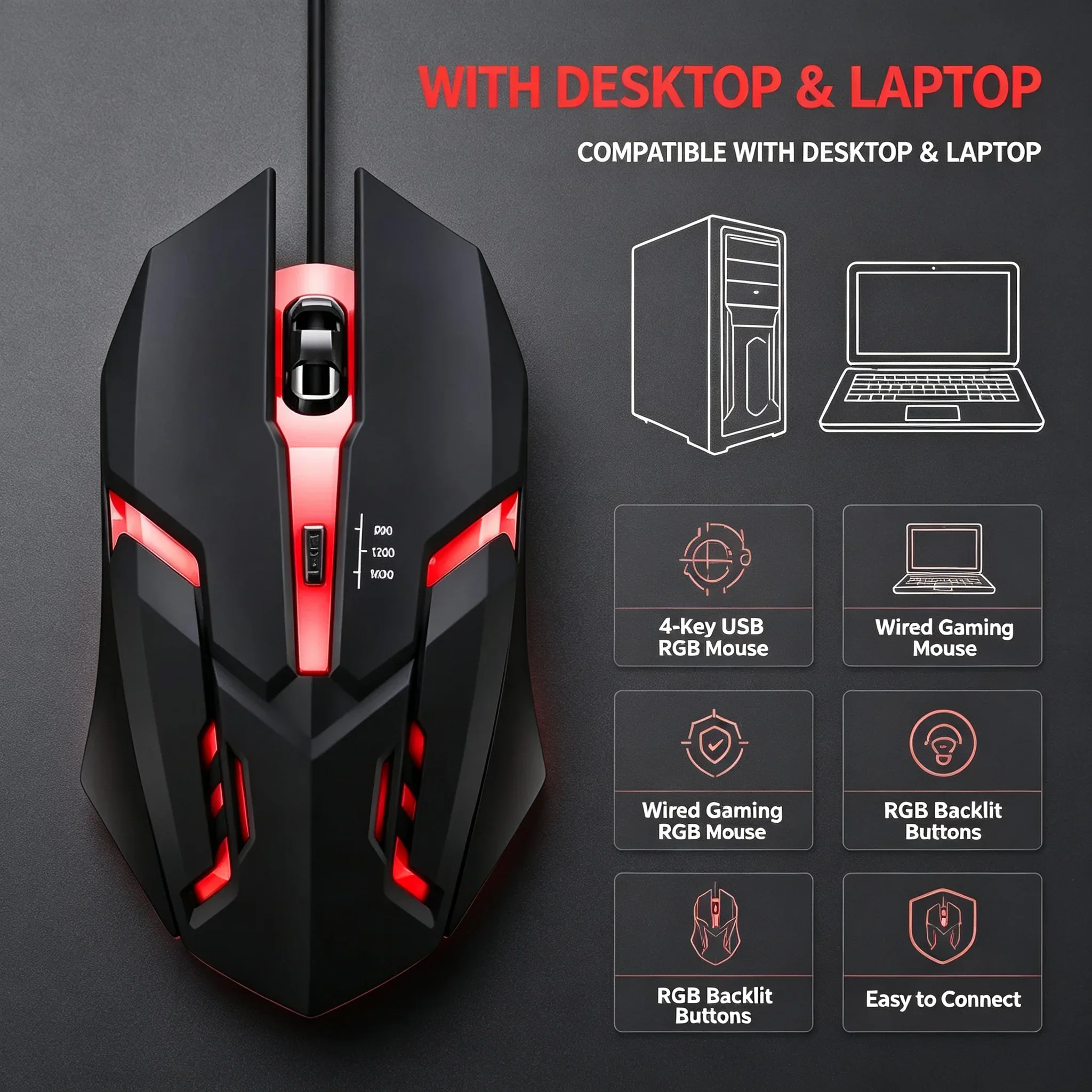 Latest High-quality Ergonomic Gaming Mouse, Suitable for Desktop and Laptop Computers, 4-button USB RGB Backlit Mouse