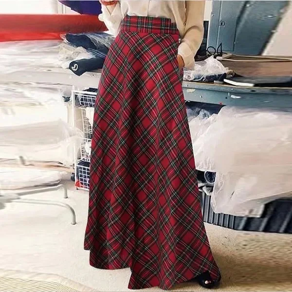 2026 New Summer Women's High-waist Casual Loose Slimming Plaid Long Skirt Fashionable A-line Skirt Half-length Skirt