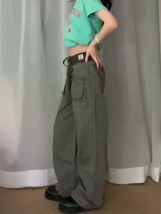 Women's Baggy Jean Drawstring Punk Grunge Denim Pants Boyfriend Y2K Japanese Harajuku Cargo Jeans 2000s American Retro Tide
